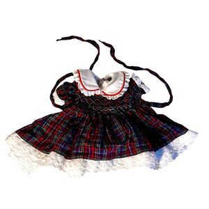 ADORA DOLL PETER PAN COLLAR TARTAN SMOCKED DRESS W/WAIST TIE